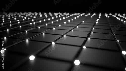 Abstract dark gray grid pattern with glowing white dots.