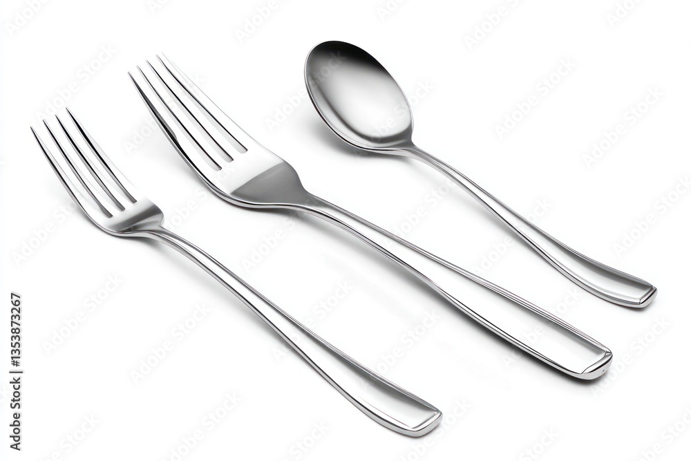 Arrangement of Silver Forks and Spoon on White Background for Dining Arrangement of Silver Forks and Spoon on White Background for Dining