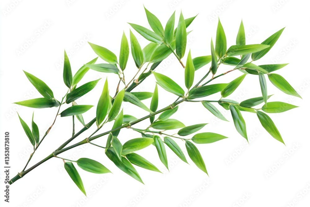 Fototapeta premium Bamboo Branch with Fresh Green Leaves Isolated on White Background