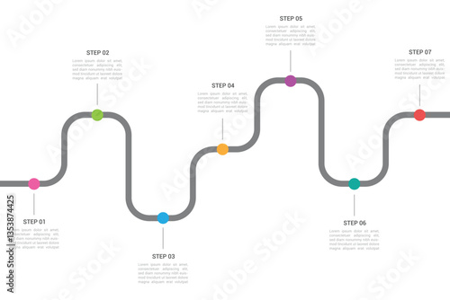 Infographic roadmap design template. Business Timeline of 7 Important Business Events annual business presentation. Vector illustration