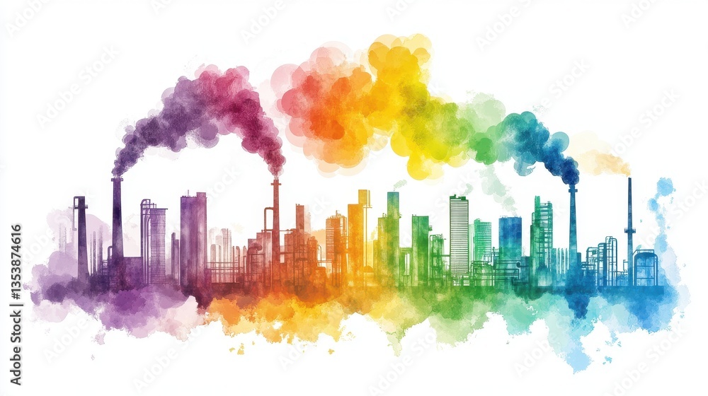 Rainbow Hues of Industrial Pollution A Watercolor Depiction of Environmental Concerns and Urban Industrialization Rainbow Hues of Industrial Pollution A Watercolor Depiction of Environmental Concerns and Urban Industrialization