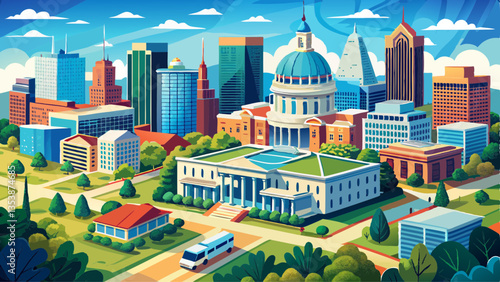 Aerial view of the North Carolina State Capitol and Raleigh skyline