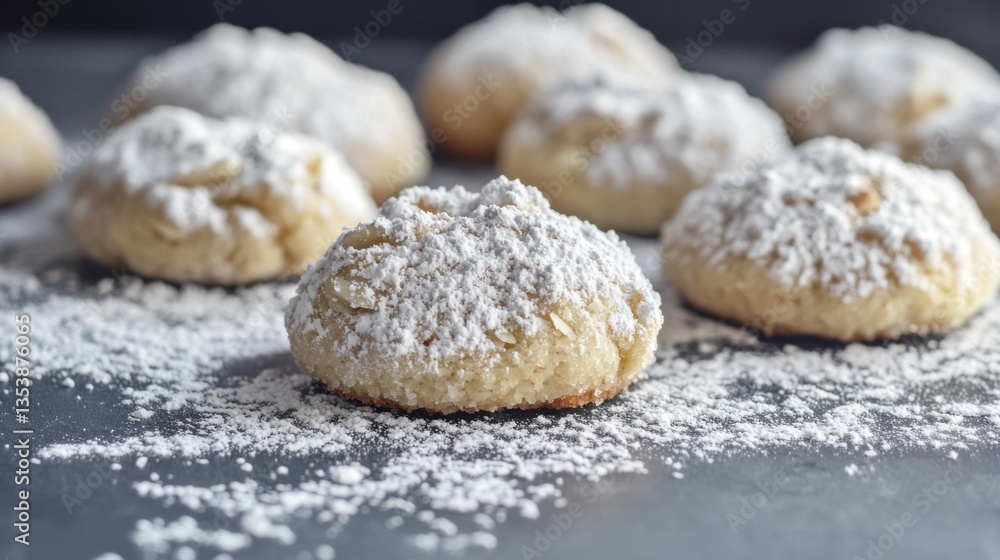 Freshly Baked Cookies with Powdered Sugar on a Rustic Surface Surrounded by Sweet Treats and Flour Dust Freshly Baked Cookies with Powdered Sugar on a Rustic Surface Surrounded by Sweet Treats and Flour Dust