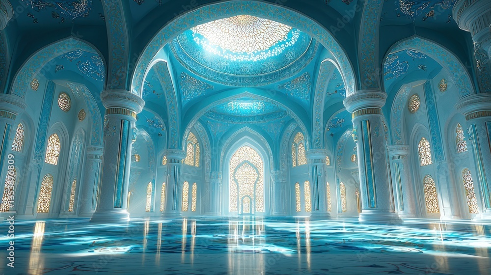 Fototapeta premium Sunlit Azure Mosque Interior, Reflecting Pool