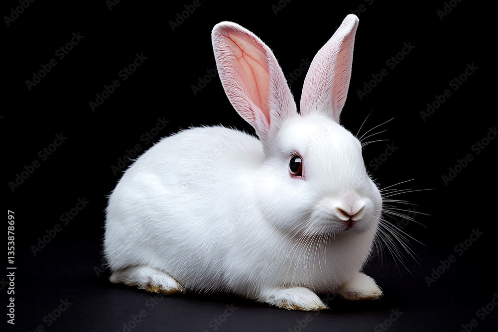 A Fluffy White Rabbit Posed Against a Solid Black Background A Fluffy White Rabbit Posed Against a Solid Black Background