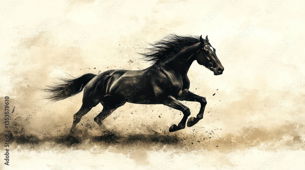 Majestic Black Horse Running Through Desert Majestic Black Horse Running Through Desert