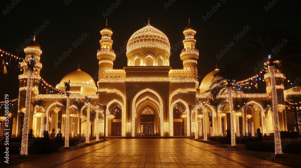 Obraz premium Magnificent mosque illuminated with lights at night exudes architectural grandeur