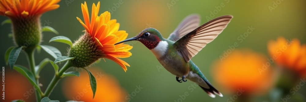 Fototapeta premium Hummingbird hovering near a vibrant orange flower, with blurred green foliage in the background