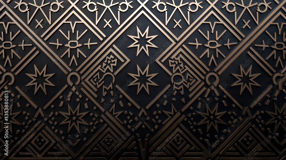 Geometric pattern with golden and black accents, reminiscent of an art deco style. The pattern repeats stars, diamonds and eyes to create an ornate design. Geometric pattern with golden and black accents, reminiscent of an art deco style. The pattern repeats stars, diamonds and eyes to create an ornate design.