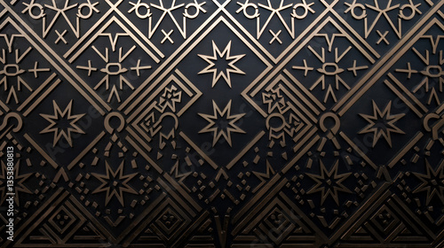 Geometric pattern with golden and black accents, reminiscent of an art deco style. The pattern repeats stars, diamonds and eyes to create an ornate design.