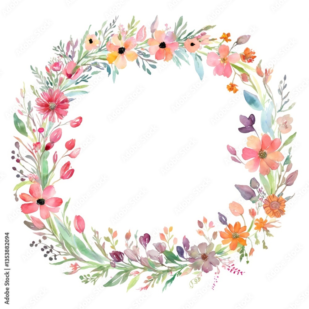 corona ciruclar de flores estilo acuarela. corona ciruclar de flores estilo acuarela.