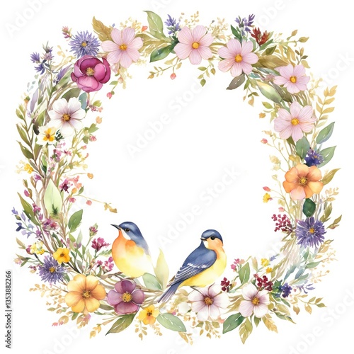 corona ciruclar de flores estilo acuarela.