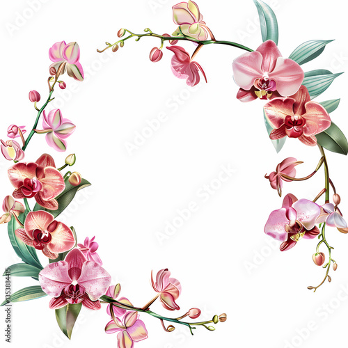 A circular arrangement of colorful orchids with green leaves, ideal for decorative use.