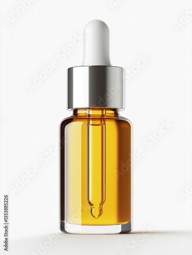 Close-up of a Golden Serum Bottle with Dropper on White Background