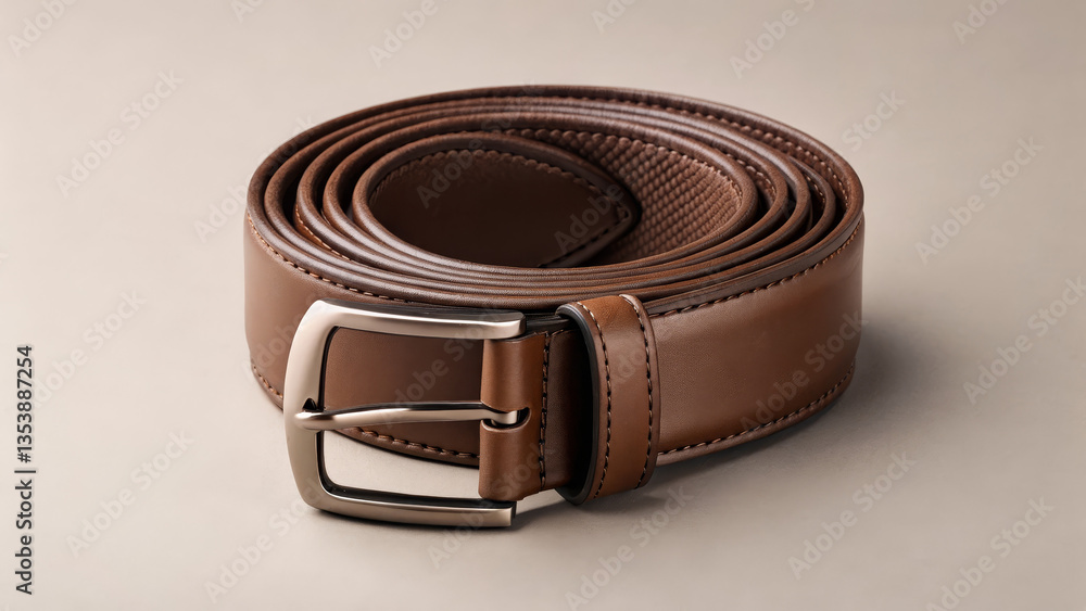 Brown leather belt mockup with metal buckle on neutral background Brown leather belt mockup with metal buckle on neutral background