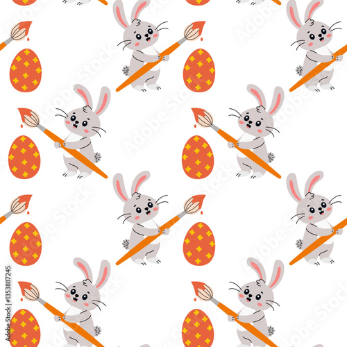 Colorful pattern featuring a playful bunny painting Easter eggs in a festive design