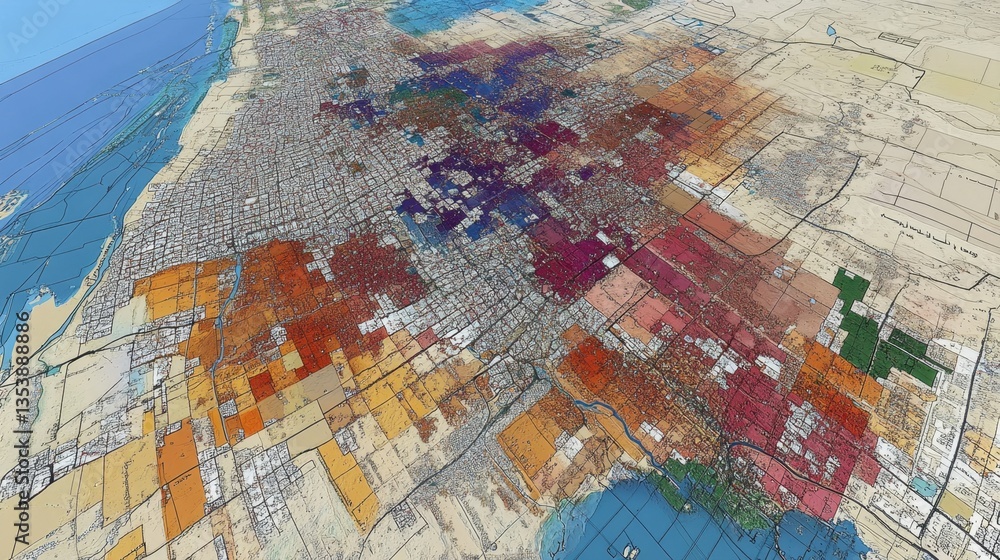 Naklejka premium Aerial View of Urban Development and Land Use in a Coastal City: A Detailed Geographic Information System Map