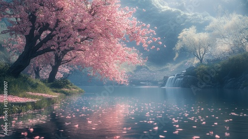 Serene riverbank landscape with blossoming cherry trees and delicate petals
