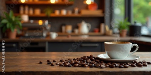 Coffee shop with coffee cups and beans, kitchen, brew
