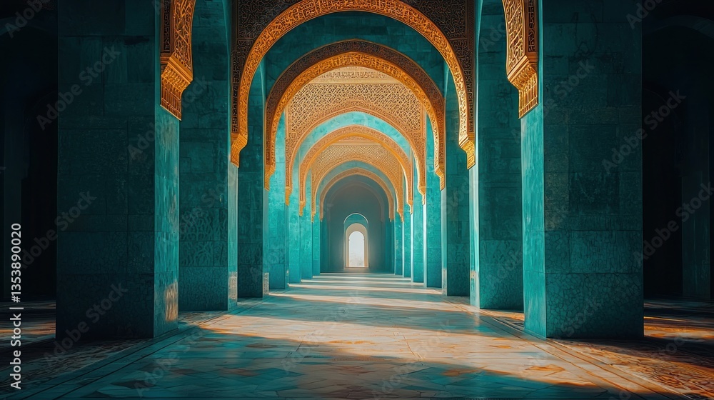 Fototapeta premium Sunlit Turquoise Moroccan Mosque Colonnade