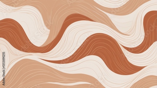 Boho Chic Neutral Wave Design with Organic Curvy Lines in Warm Beige and Terracotta