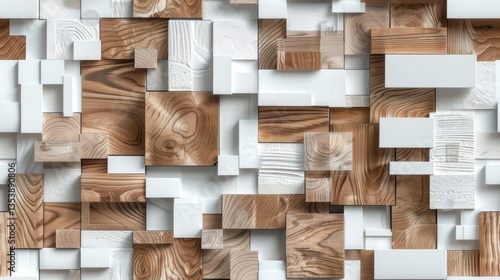 Fototapeta Naklejka Na Ścianę i Meble -  Seamless 3D wallpaper with a decorative wood and white mosaic pattern, featuring a high-quality textured design.

