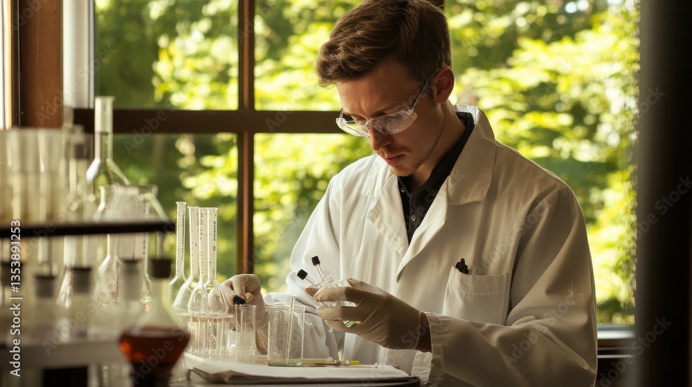 Scientist Conducting Research in a Modern Laboratory Setting with Glassware and Natural Lighting, Focusing on Scientific Experimentation and Analysis Techniques Scientist Conducting Research in a Modern Laboratory Setting with Glassware and Natural Lighting, Focusing on Scientific Experimentation and Analysis Techniques