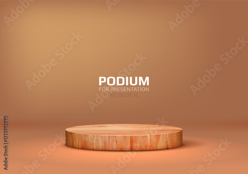 Wooden podium on light background. Empty pedestal for product presentation. Minimalist platform concept with wooden texture. Vector illustration.