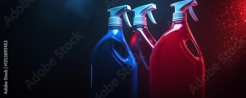 Spray bottles, cleaning products, dark background.