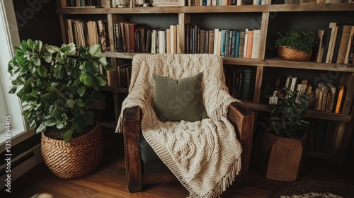 A cozy reading corner featuring a reclaimed wood bookshelf, natural fiber throws, and potted plants.