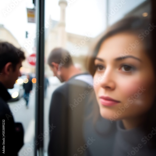 Wallpaper Mural Woman looking through glass, blurred city background. Torontodigital.ca