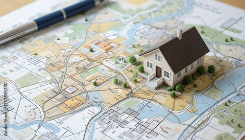 House Model on a Map Representing Real Estate and Property Planning Concepts