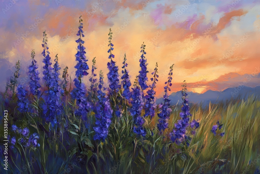 Naklejka premium Beautiful oil painting of purple delphiniums in a sunlit field with a grassy meadow