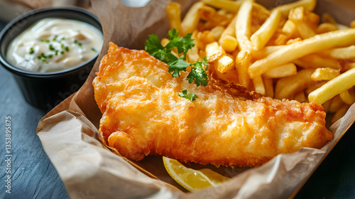  Close up fish and chips kid menu dish on table