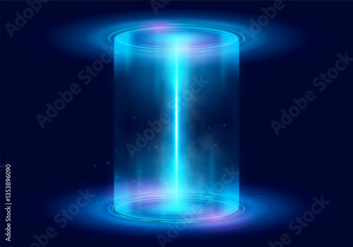 Magic hologram portal. Futuristic bright teleport. Fantasy light aura. Teleportation glowing effect. Vector illustration.