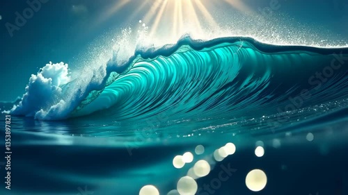 Mesmerizing teal ocean wave curls under a radiant sun, creating a breathtaking aquatic spectacle.