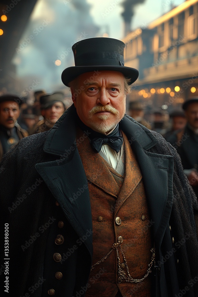 Man in a top hat, double breasted coat in a busy street setting Man in a top hat, double breasted coat in a busy street setting
