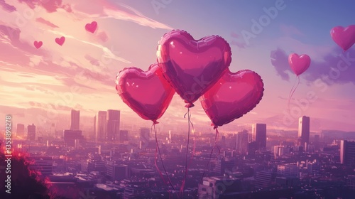 Romantic heart balloons over city skyline at sunset. Possible use greeting card, social media, wallpaper