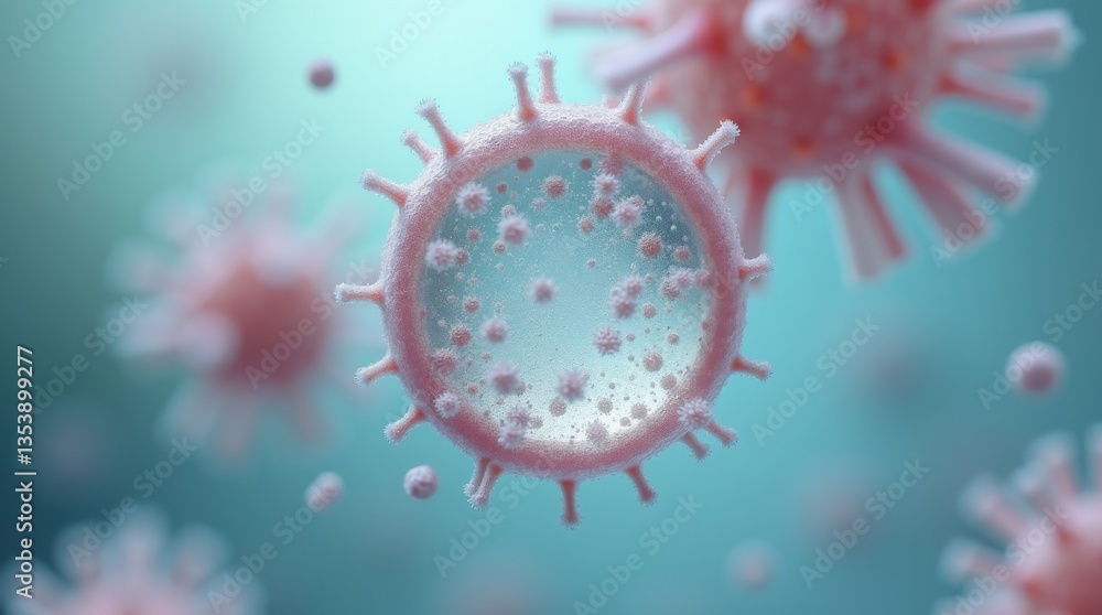 3D rendering of a virus structure, with a focus on its spiky surface and intricate design, ideal for health, science, and medical topics. 3D rendering of a virus structure, with a focus on its spiky surface and intricate design, ideal for health, science, and medical topics.