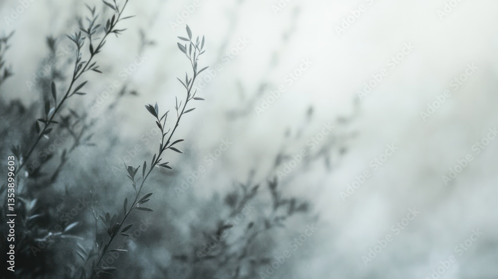 Misty morning plants, subtle grey tones, nature background, serene scene Misty morning plants, subtle grey tones, nature background, serene scene
