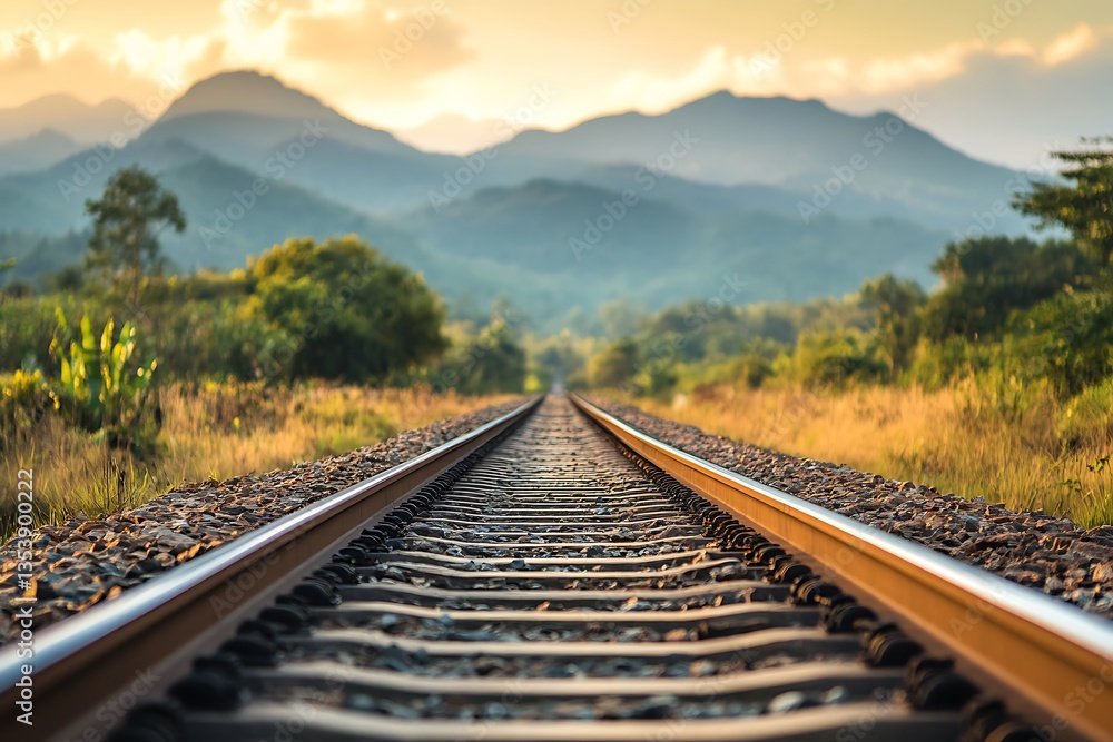 Fototapeta premium Railroad tracks leading towards mountains at sunset in nature