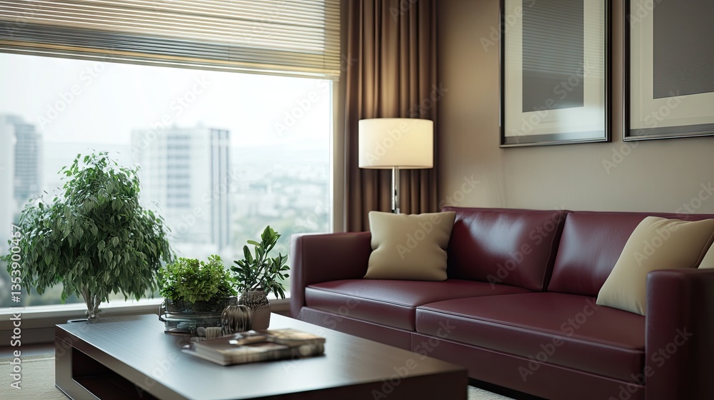 Fototapeta premium A high-end interior featuring a deep red leather sofa and warm ambient lighting.