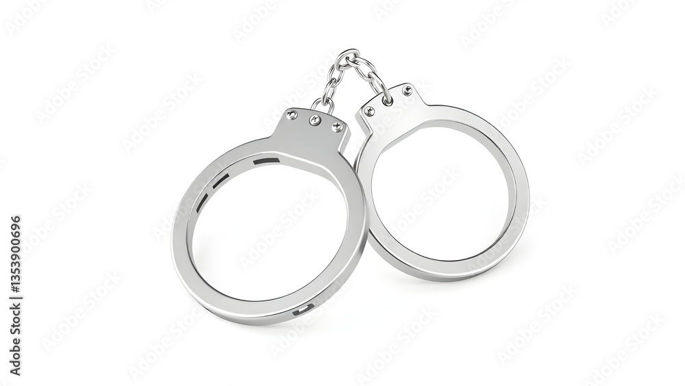 Silver handcuffs connected by a short chain, isolated on a clean white background. Ai generated. Silver handcuffs connected by a short chain, isolated on a clean white background. Ai generated.