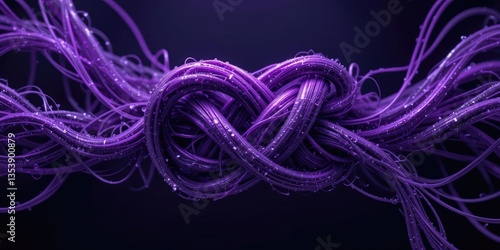 Tangled Purple Wires Forming Knot with Water Droplets on Dark Background
