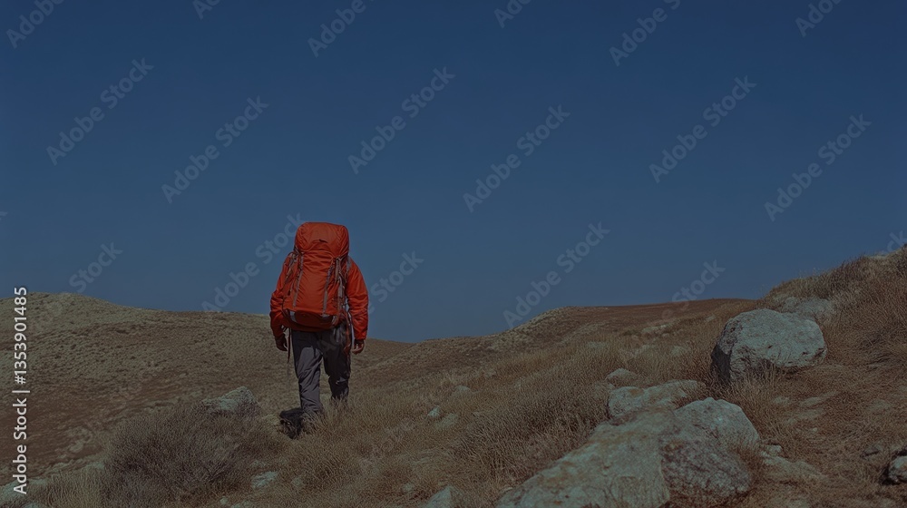 Fototapeta premium A hiker with a vibrant orange backpack traverses a dry, mountainous landscape. The hiker is seen from behind, walking away from the camera, through scrub-covered hills
