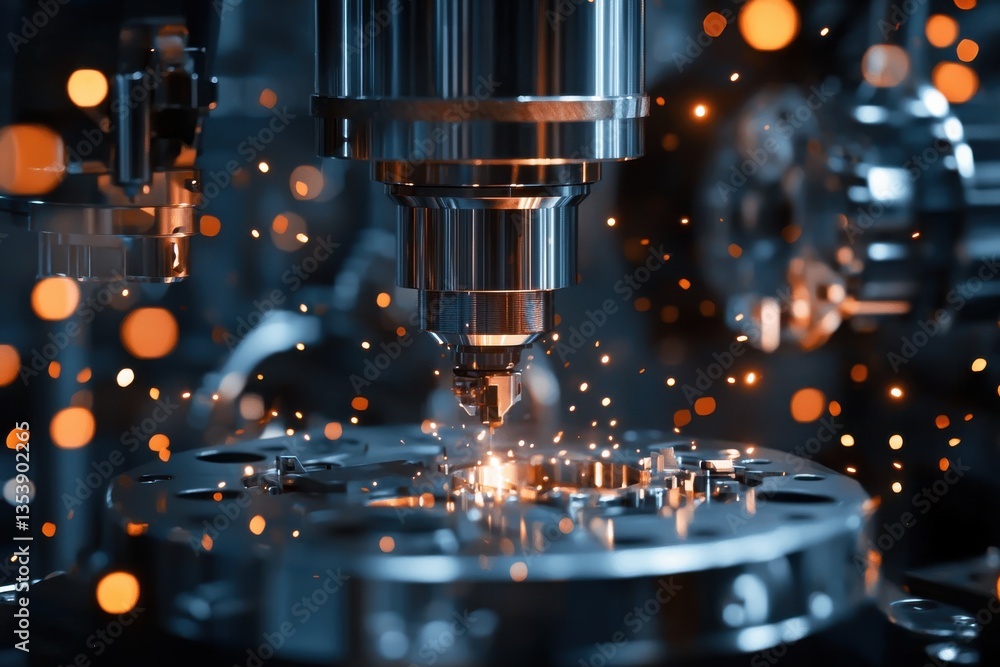 a close-up shot of an automated industrial machine in action, sparks flying, a metal component being worked on a close-up shot of an automated industrial machine in action, sparks flying, a metal component being worked on