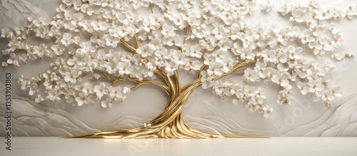 A stunning Golden Tree of Life mural rendered in exquisite 3D, featuring delicate white flowers. Set against a minimalist background, the intricate design   