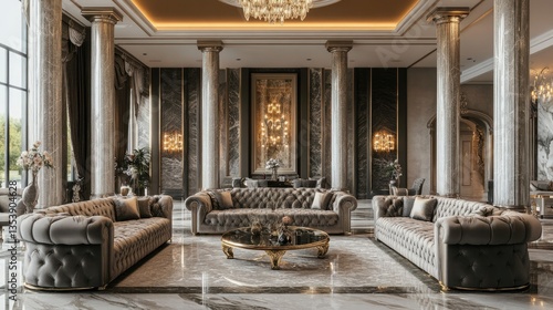 A regal palace-inspired interior with a bold champagne silver Chesterfield sofa set and marble columns.
