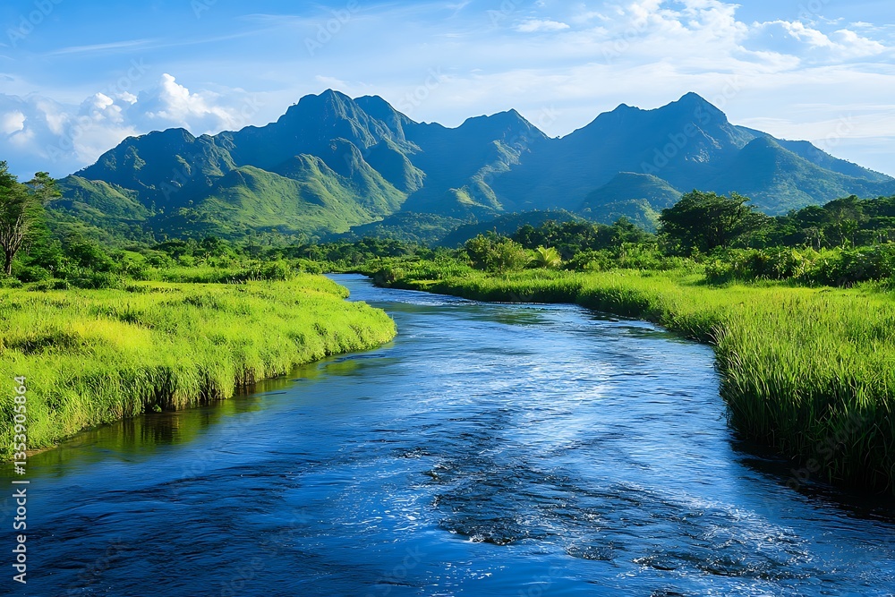 Fototapeta premium Breathtaking river flowing through lush green vegetation and majestic mountains in fiji