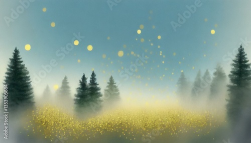 スギやヒノキの森林から花粉が空中へ飛散されるイメージの油絵風イラスト  花粉症